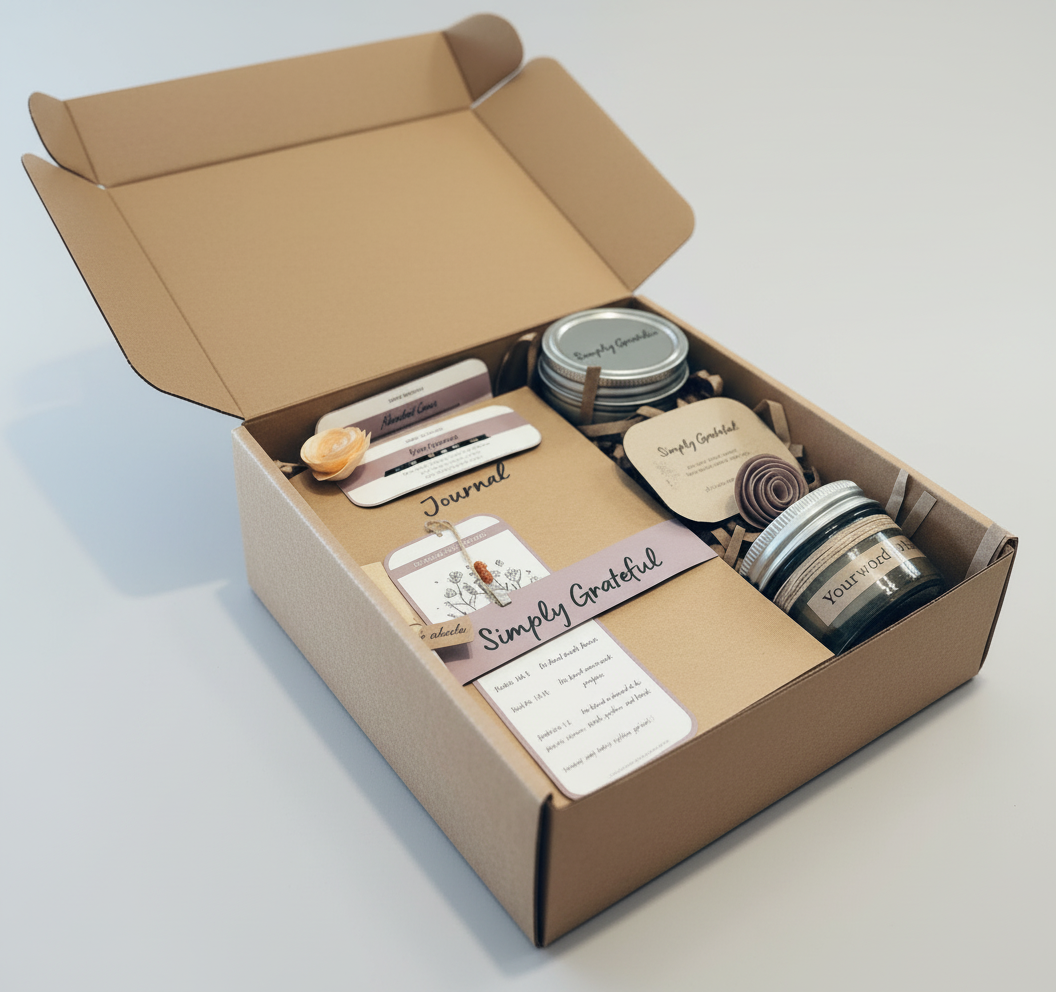 Open cardboard box containing various items including jars, a notebook, and a card on a light gray background.
