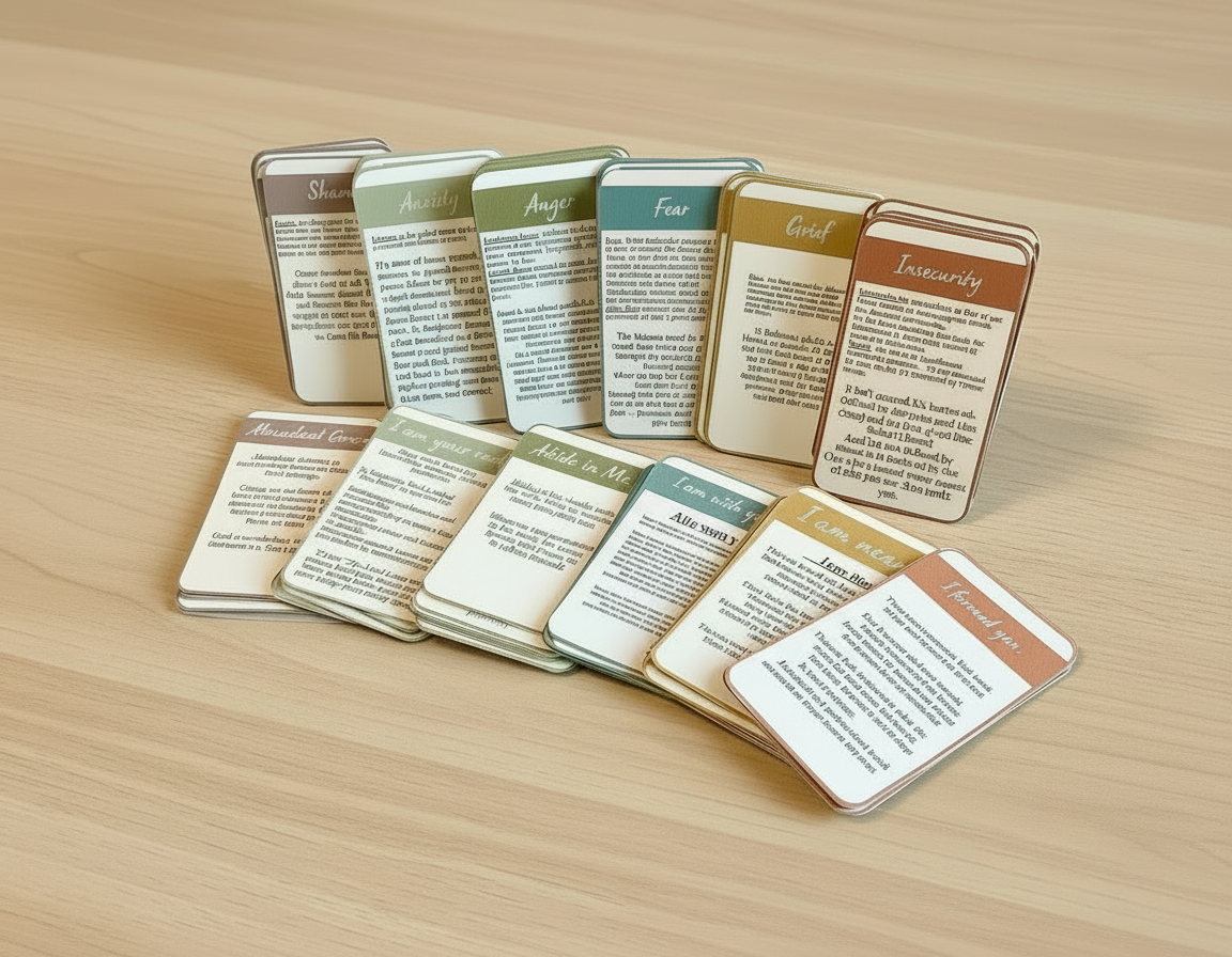 Set of cards with text on a wooden surface