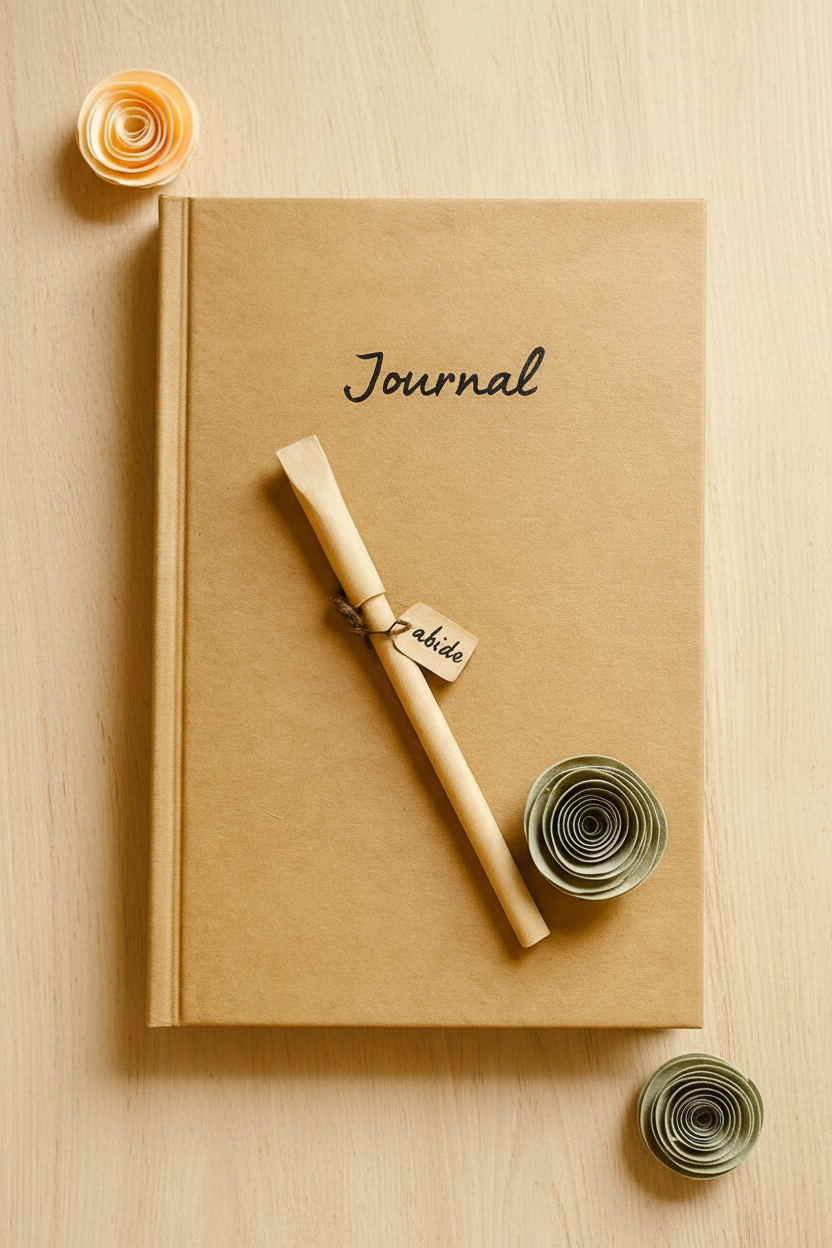 Brown journal with a pen and rolled paper on a textured surface