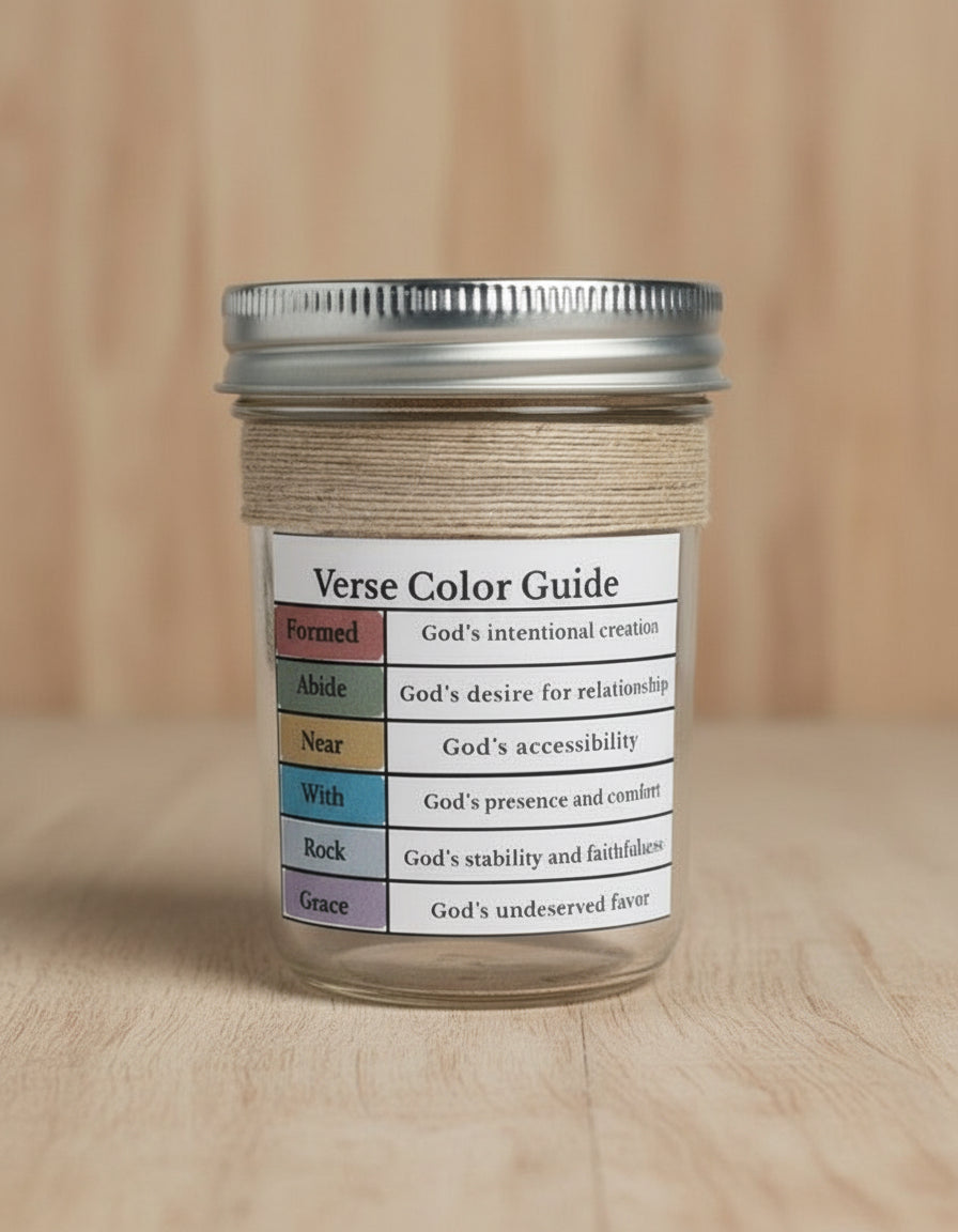 Jar with a label titled 'Verse Color Guide' on a light gray background
